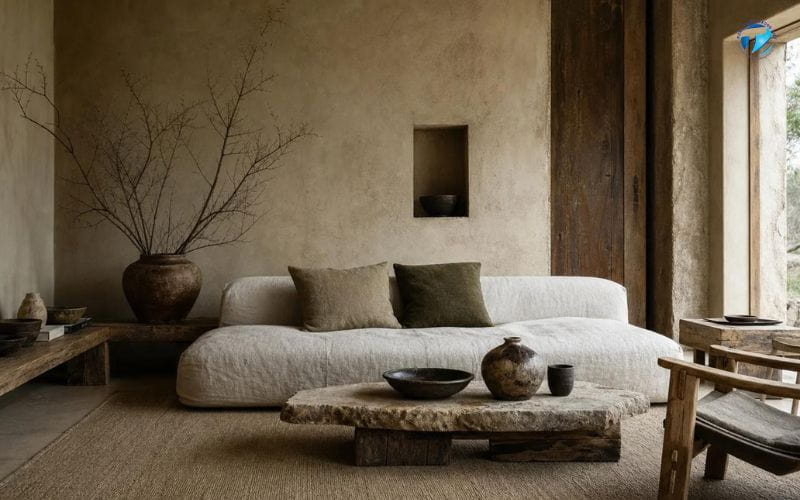 Không gian Wabi Sabi với chất liệu tự nhiên và gam màu trầm ấm.